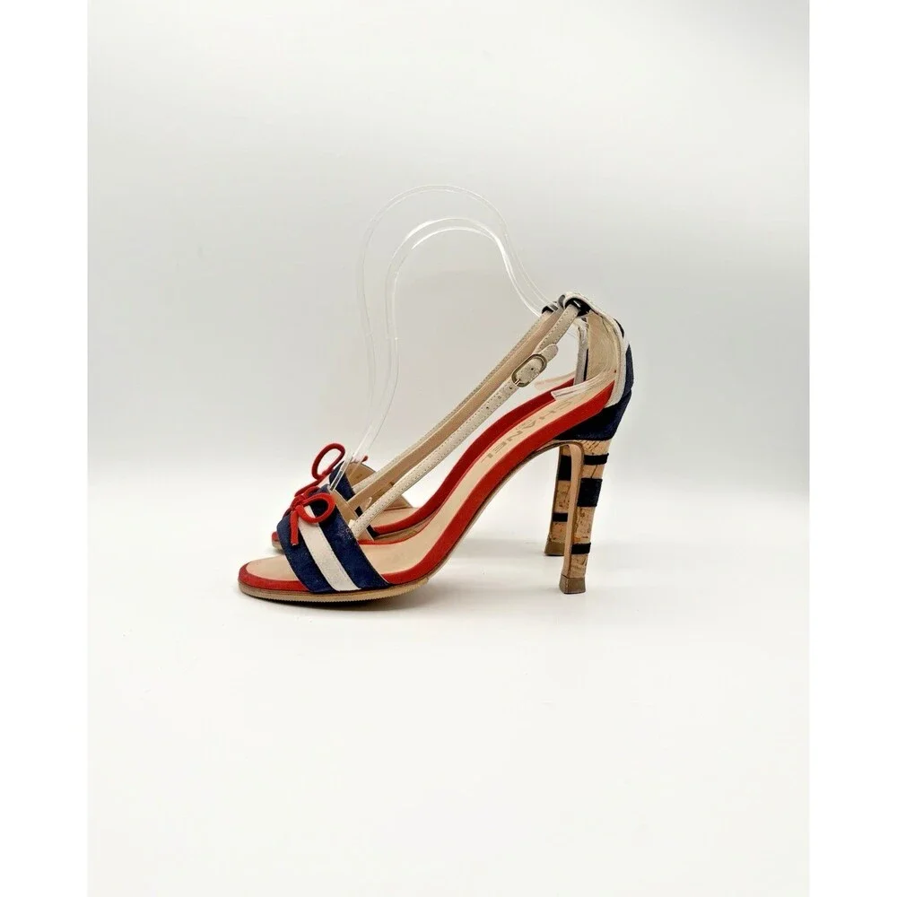 Chanel Navy & Red Suede & Cork Striped Sandals CC Logo Heel Nautical Size EU 36